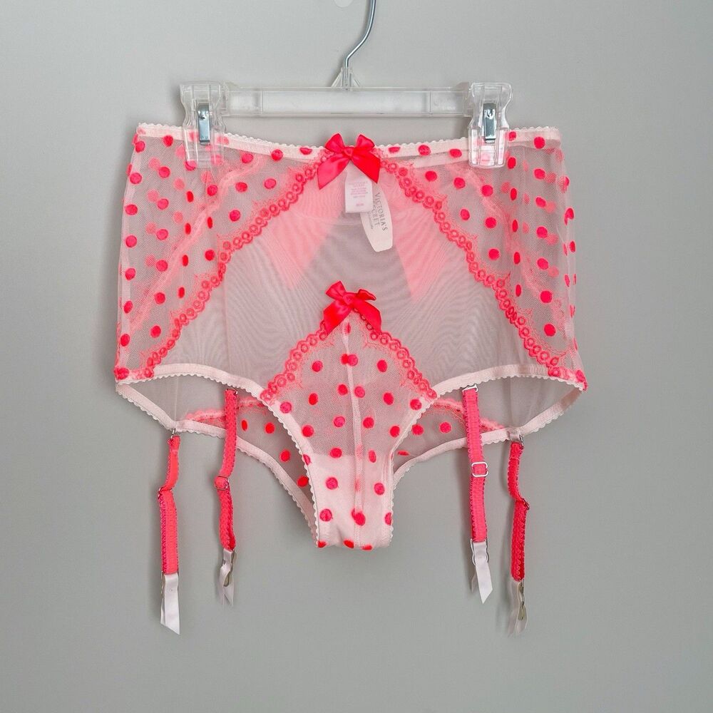 Victoria's Secret Size M Neon Coral Polka Dot Mesh Bow Garter Panties NEW NWT